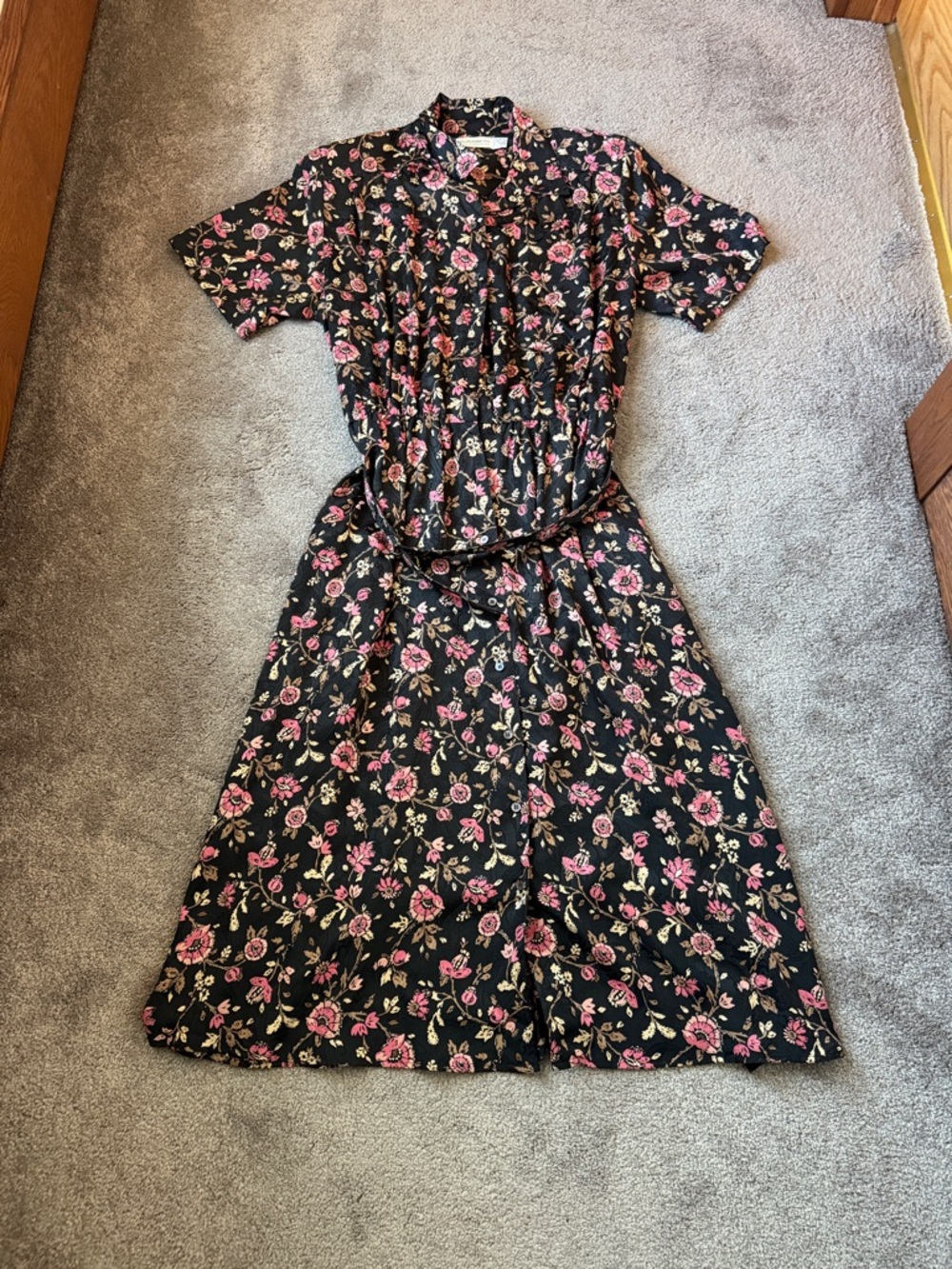 Elisabeth Liz Claiborne Floral Midi Dress Black Silk Short Sleeve Belted SIZE 18